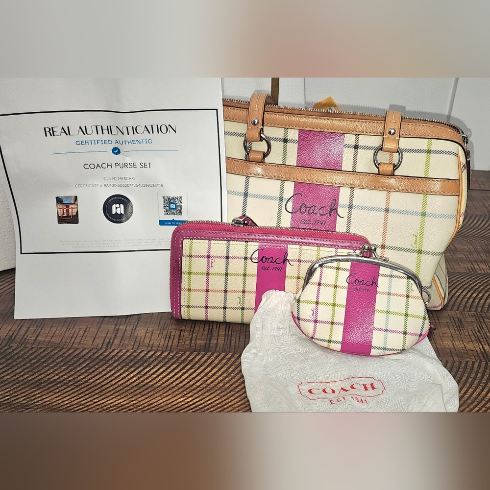 Coach Tattersall Plaid Satchel Wallet Coin Purse Set COA Authentic